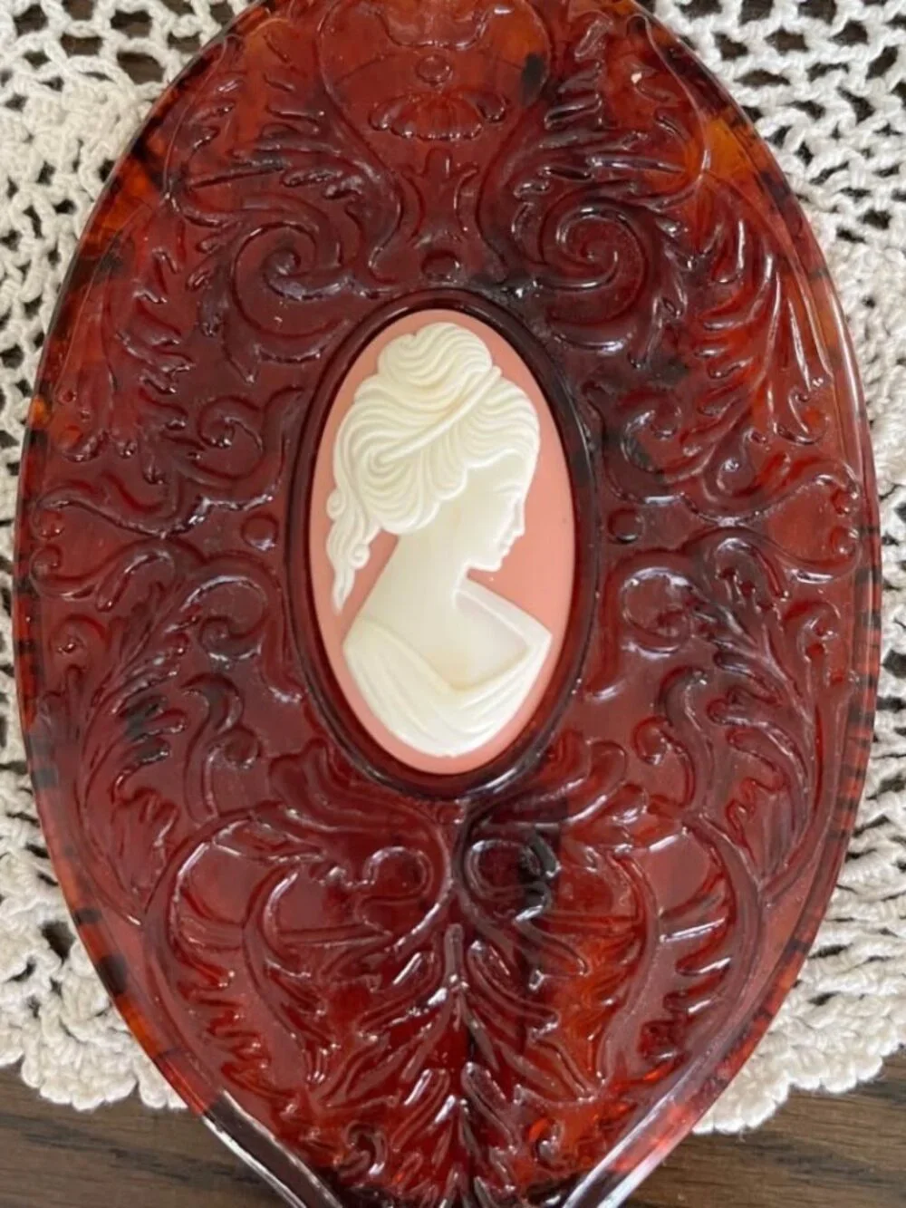 Vintage 70’s Cameo Amber Lucite Hand Mirror Ornate Handle Vanity